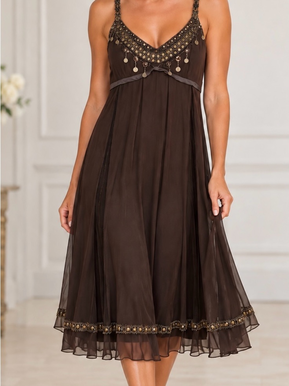 Sue Wong 100% Silk Beaded Dress Size 10 Brown Beaded V-Neck Midi Dress